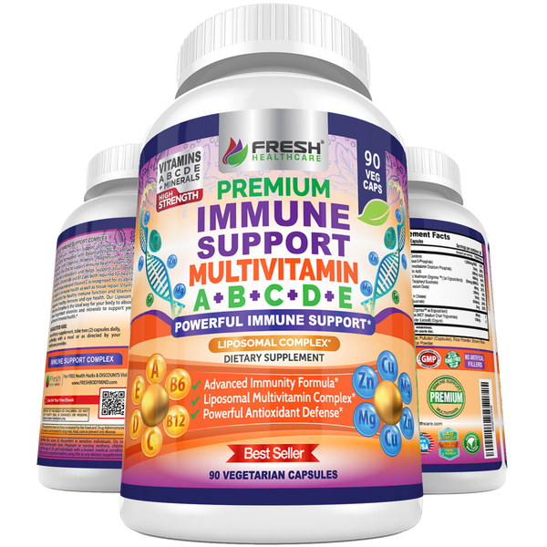 Immune Support Multivitamin for Men and Women - Vitamins A, B, C, D, E - 90 Vegan Caps