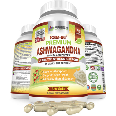 Ashwagandha KSM-66 1200mg  - Pure & Potent Root Extract w/Black Pepper - 60 Vegan Caps