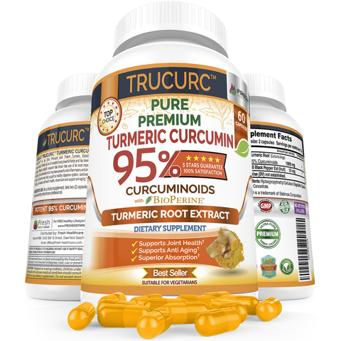 TRUCURC - The Most Potent Turmeric Curcumin with Pure 95% Curcumin w/Black Pepper  – 60 Vegan Capsules