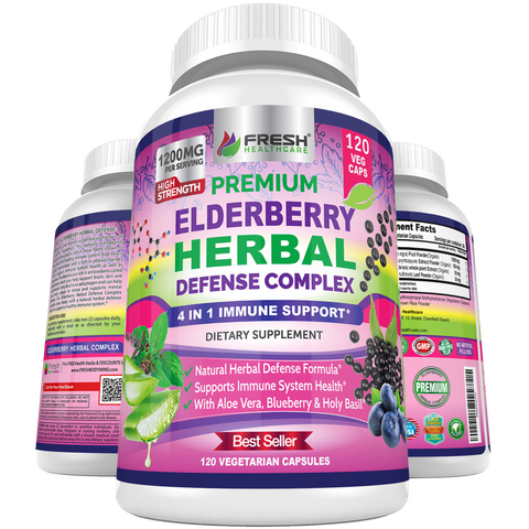Premium Elderberry Capsules 1200mg - 4 in 1 Immune Support Supplement - 120 Vegan Caps