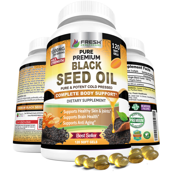 Black Seed Oil Pills Cold Pressed 1300mg Per Serving  - 120 Liquid Softgel Capsules