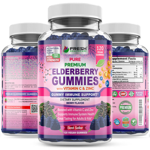Fresh Healthcare Elderberry Gummies with Zinc and Vitamin C - 120 Vegan Berry Gummies