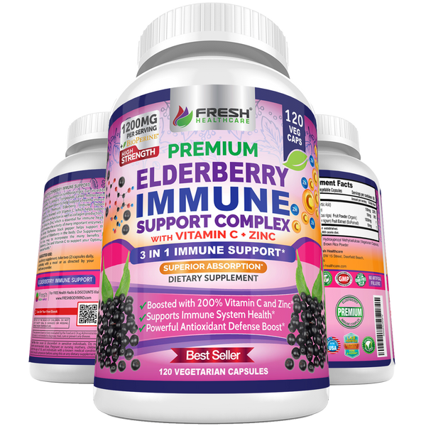 Premium Elderberry Capsules 1200mg Complex with Vitamin C and Zinc Plus - 120 Vegan Capsules