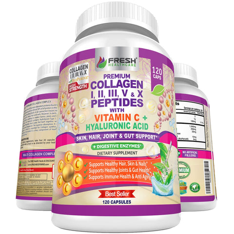 Multi Collagen Peptides with with Hyaluronic Acid & Vitamin C- 120 Kosher Capsules