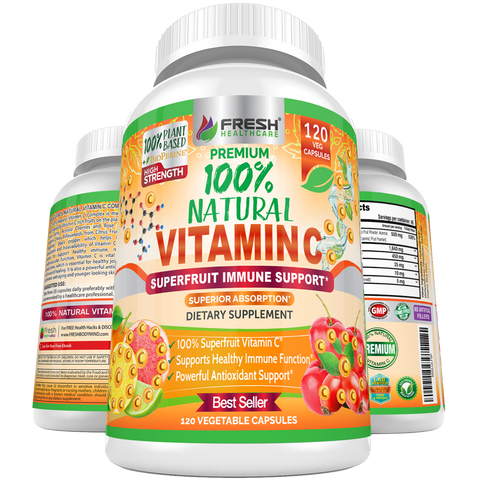 100% Natural Vitamin C - Rose Hips, Acerola Cherry and Camu Camu - 120 Vegan Capsules