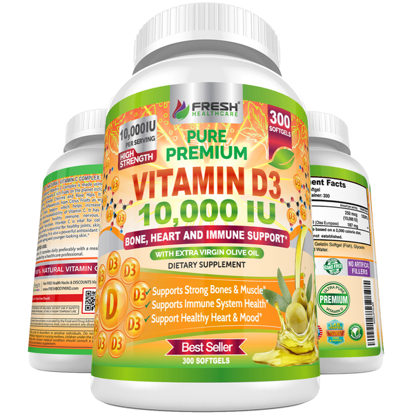 Vitamin D 10,000 IU with Extra Virgin Olive - Support Immune, Bone & Heart Health - 300 Softgels